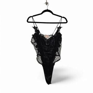 Vintage Teddy Bodysuit Black Sheer Mesh Lace Western Small Floral Lingerie Top